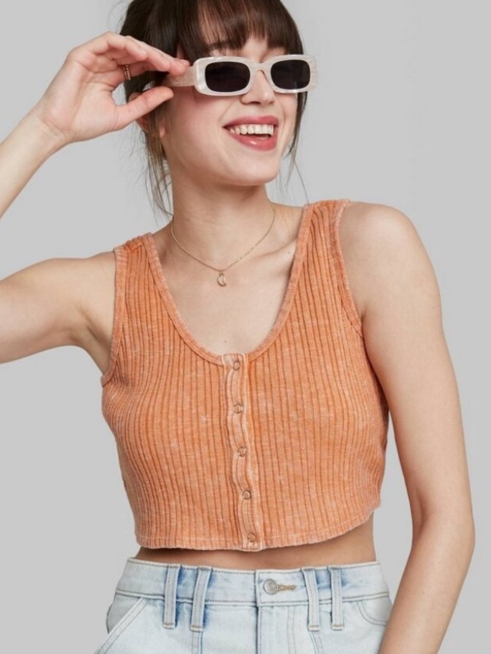 wild fable Ribbed Button-Front Crop Top in Peachy Orange Size M